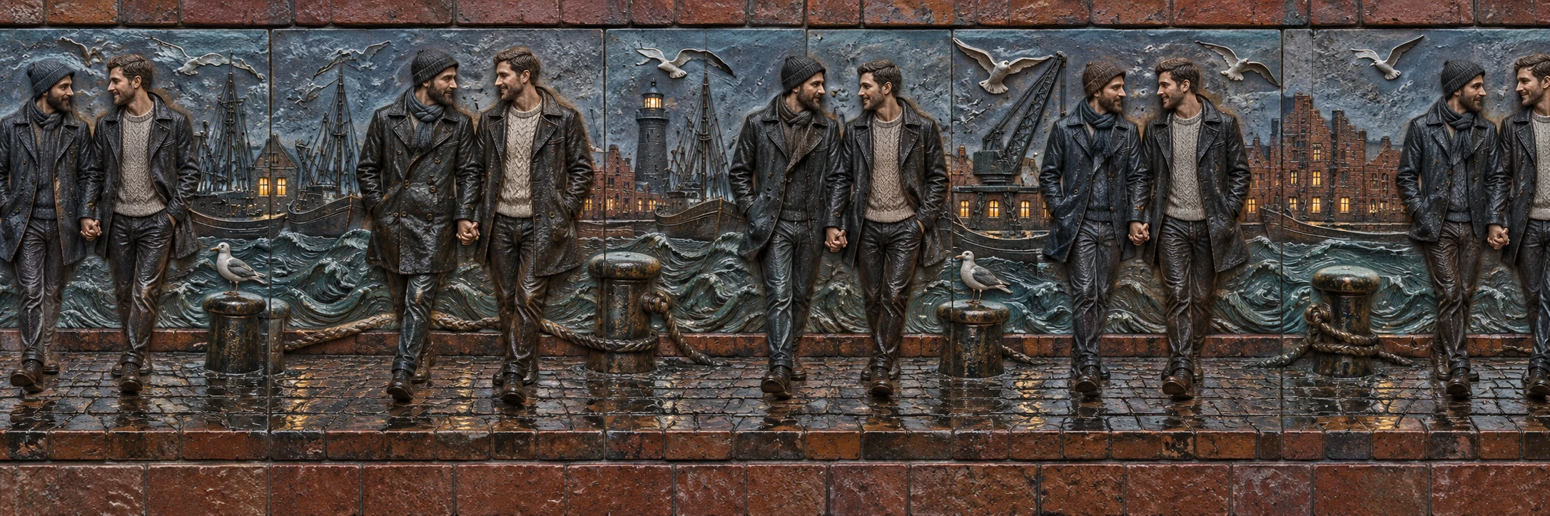 KI-generierte kulturell inspirierte Motivleiste mit erwachsenen Männerfiguren